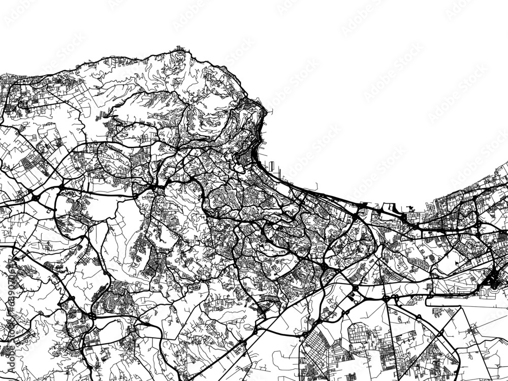 Vector road map of the city of Algiers in Algeria with black roads on a white background.
