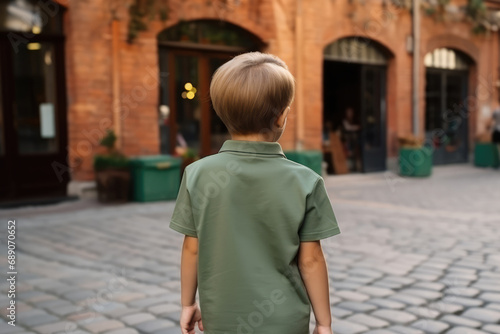 Little Boy In Green Tshirt On The Street, Back View, Mockup