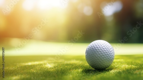 Close-up golf ball on tee with golf drivers at golf course photo