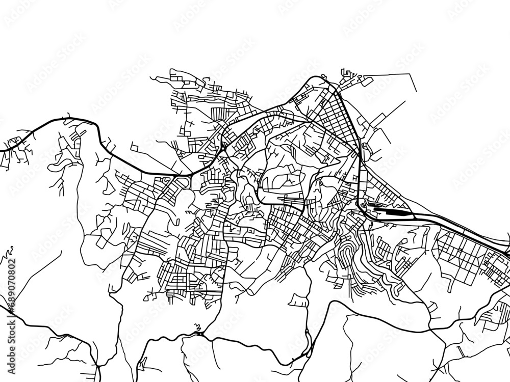Vector road map of the city of Jijel in Algeria with black roads on a white background.