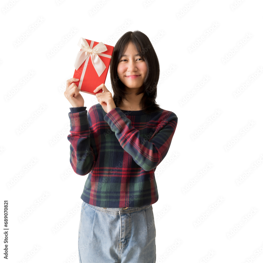 Portrait happy smiling Asian teenager girl in Christmas sweater hold hand gift box x-mas new year, isolated on white and transparent background Portrait happy smiling Asian teenager girl in Christmas sweater hold hand gift box x-mas new year, isolated on white and transparent background
