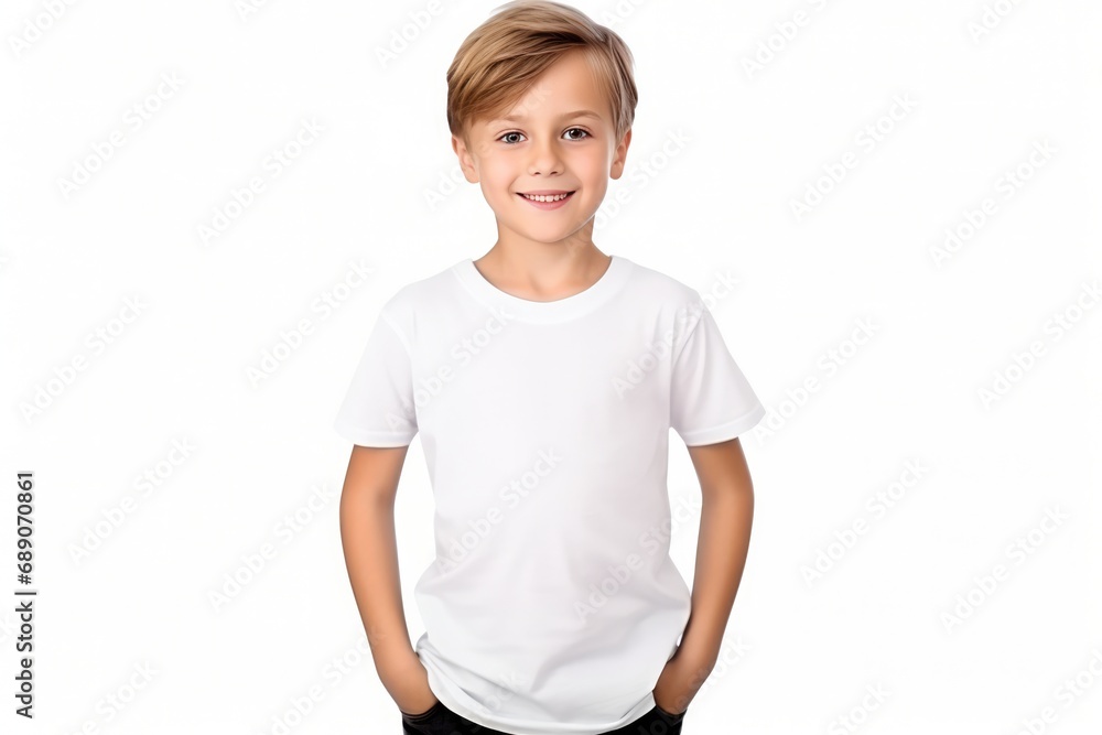 Little Boy In White Tshirt On White Background, Mock Up Little Boy In White Tshirt On White Background, Mock Up