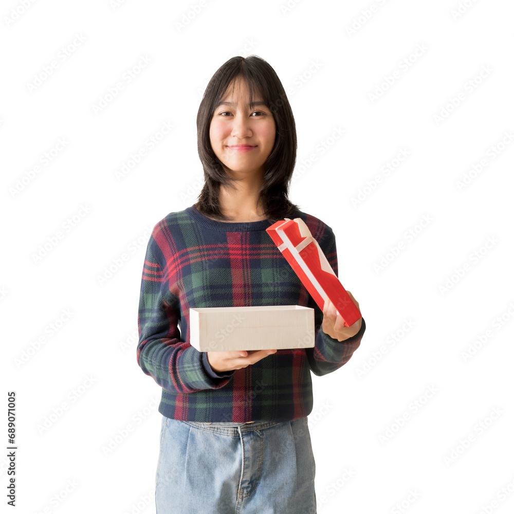 Portrait happy smiling Asian teenager girl in Christmas sweater hold hand gift box x-mas new year, isolated on white and transparent background Portrait happy smiling Asian teenager girl in Christmas sweater hold hand gift box x-mas new year, isolated on white and transparent background