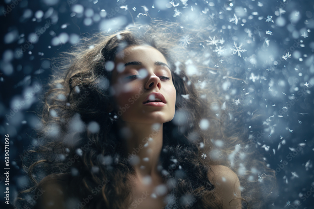 Obraz premium Young girl in freezing weather with snowflakes falling in the background, falling snowflakes on woman