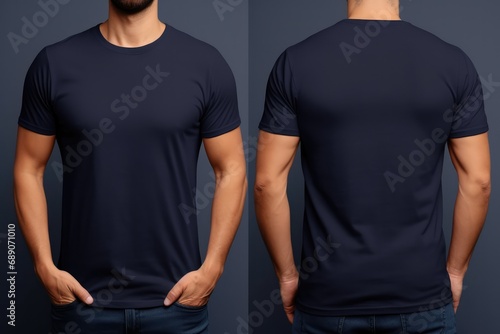 Simple Navy Tshirt Mockup With Male Model, Front And Back Views photo