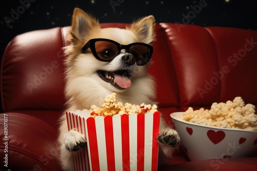 A Movie Night Dog With Glasses And Popcorn In A Leather Chair In A Movie Theater