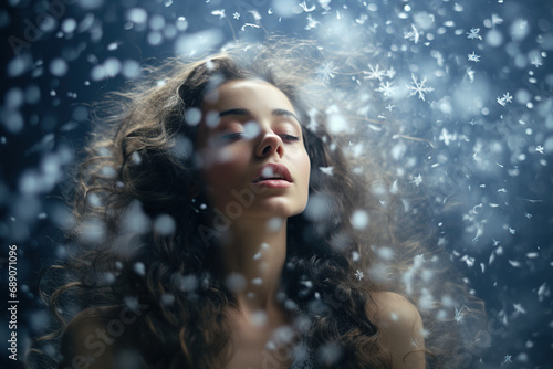 Young girl in freezing weather with snowflakes falling in the background  falling snowflakes on woman