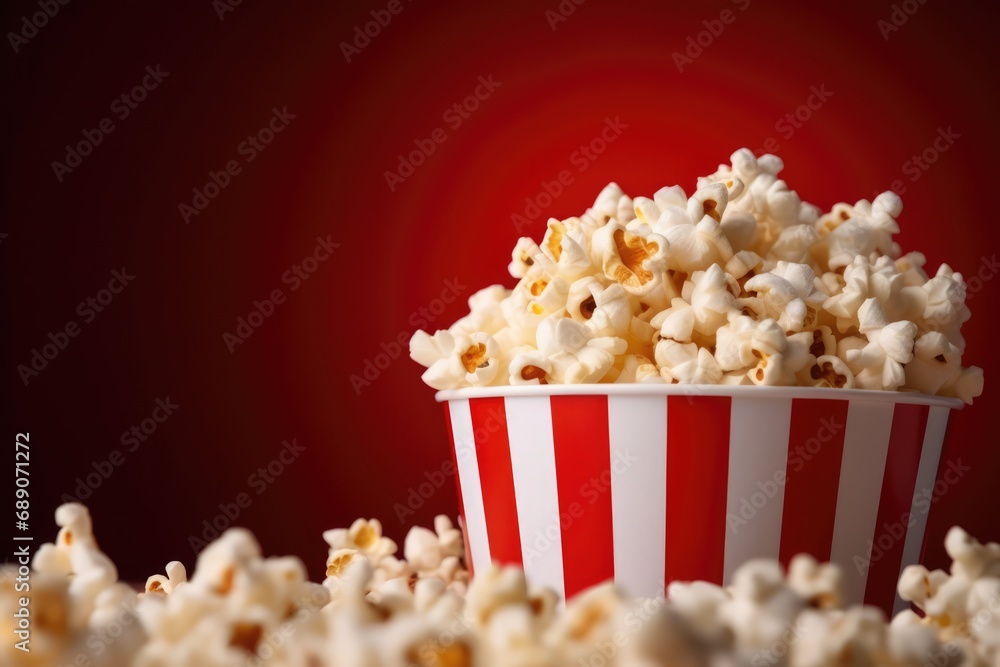 Closeup Of Overflowing Popcorn In Red Movie Theater Cup Copy Space