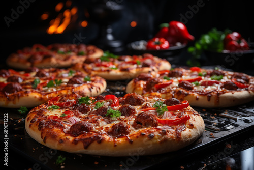 pizza italiana cocinandose en horno de leña tradicional familiar premium