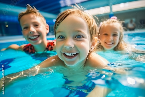 Diverse young children enjoying swimming lessons in pool, learning water safety skills, showing joy and camaraderie, representing a healthy lifestyle.