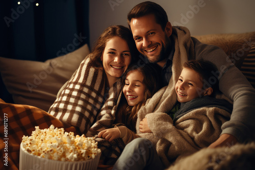 Cozy Family Night, Wrapped In Blankets, Enjoying Movie With Popcorn