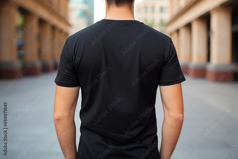 Man In Black Tshirt On The Street, Back View, Mockup Man In Black Tshirt On The Street, Back View, Mockup