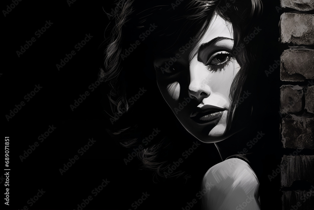 Portrait of a woman at night, near a brick wall background, dark, street. Noir. Tense mood, anxiety and fear. Illustration poster in style of 1960