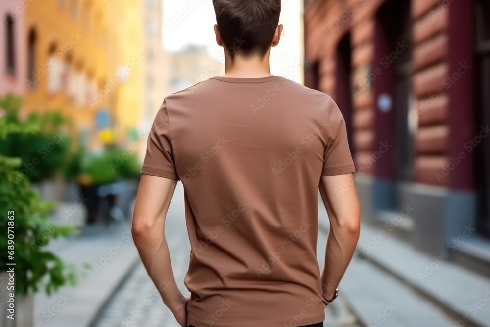 Man In Brown Tshirt On The Street, Back View, Mockup Man In Brown Tshirt On The Street, Back View, Mockup