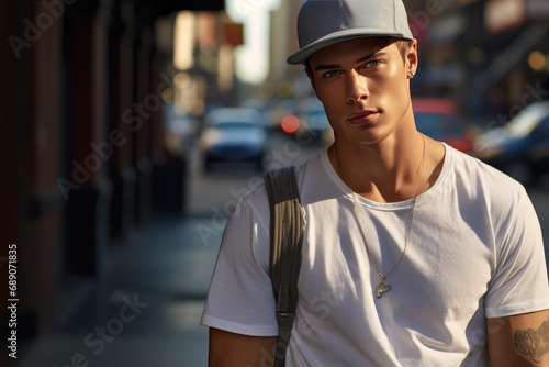 Male Latin Model Wearing White Tshirt And Cap On City Street