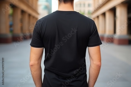 Man In Black Tshirt On The Street, Back View, Mockup