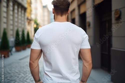 Man In Light Gray Tshirt On The Street, Back View, Mockup