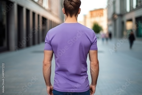 Man In Purple Tshirt On The Street, Back View, Mockup