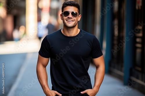 Mockup Of Young Model Wearing Black Tshirt On The Street