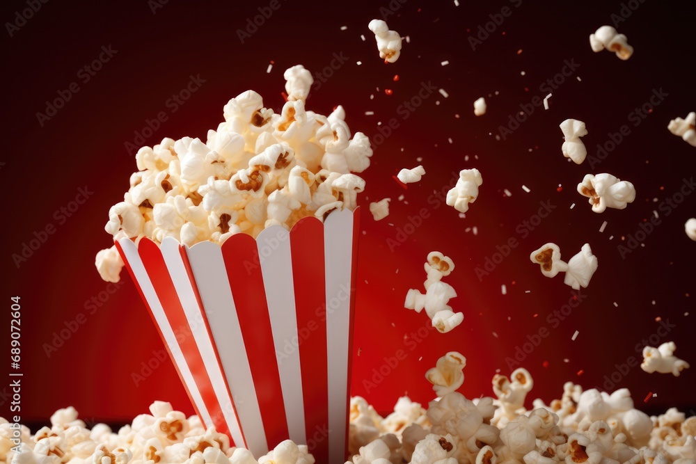 Popcorn Overflowing From Red And White Paper Bucket Photorealism