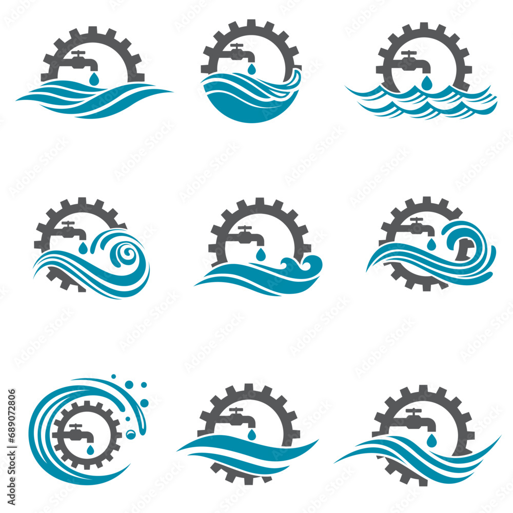 collection of plumbing service icons with gear and water faucet isolated on white background collection of plumbing service icons with gear and water faucet isolated on white background