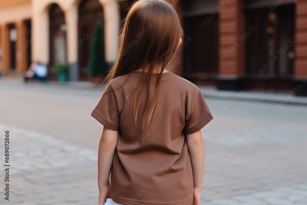 The Little Girl In Brown Tshirt On The Street, Back View, Mockup The Little Girl In Brown Tshirt On The Street, Back View, Mockup