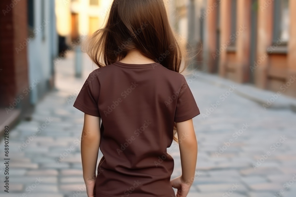 The Little Girl In Brown Tshirt On The Street, Back View, Mockup The Little Girl In Brown Tshirt On The Street, Back View, Mockup