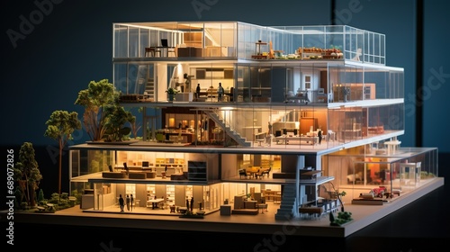 A miniature model of an intricate office building  meticulously crafted with attention to every minute detail
