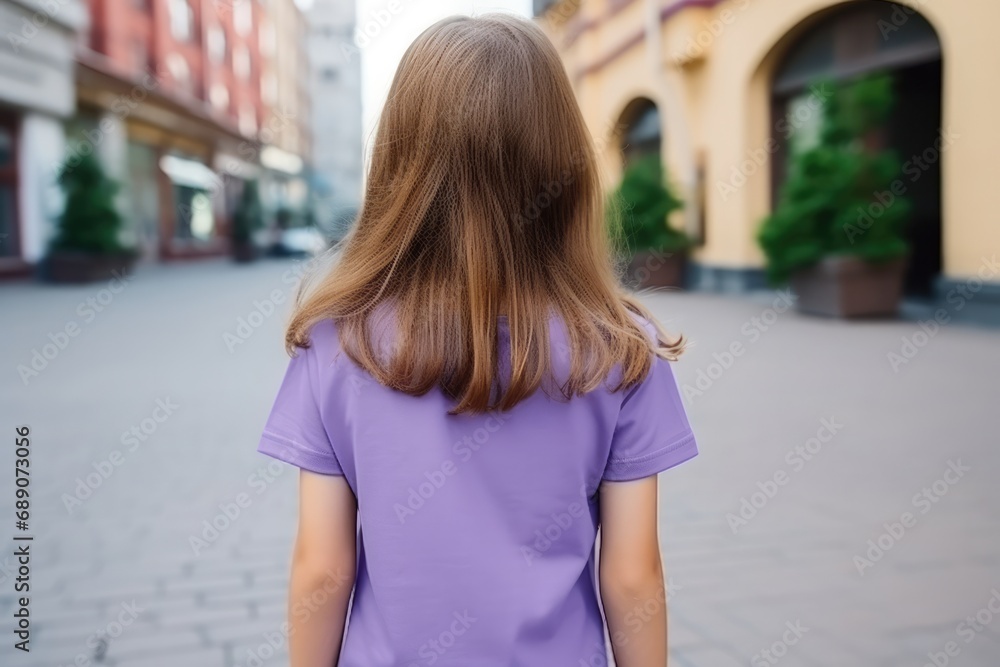 The Little Girl In Purple Tshirt On The Street, Back View, Mockup