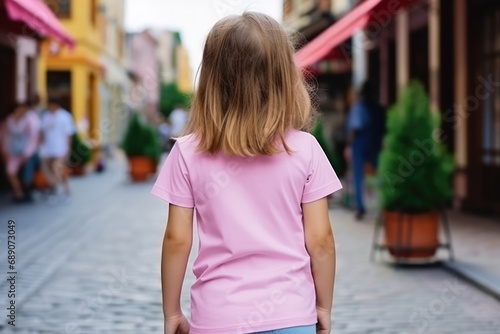 The Little Girl In Pink Tshirt On The Street, Back View, Mockup