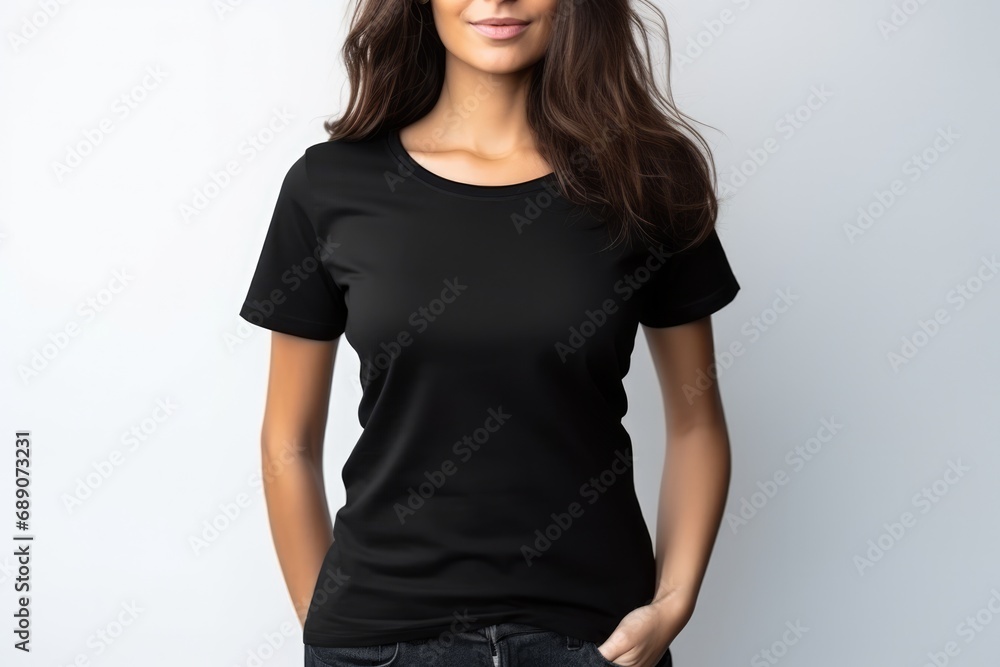 Woman In Black Tshirt On White Background, Mockup. Сoncept Outdoor Adventure, Spring Fashion, Healthy Lifestyle, Fitness Journey Woman In Black Tshirt On White Background, Mockup. Сoncept Outdoor Adventure, Spring Fashion, Healthy Lifestyle, Fitness Journey