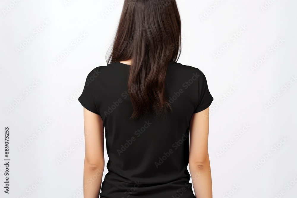 Woman In Black Tshirt On White Background, Back View, Mockup Woman In Black Tshirt On White Background, Back View, Mockup