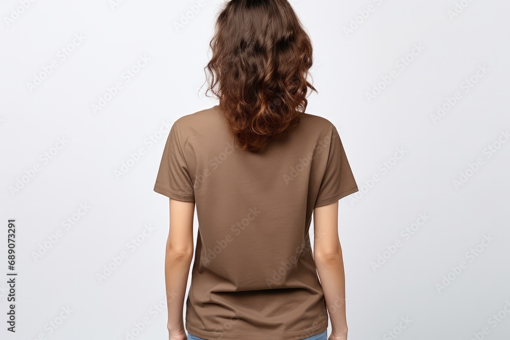 Woman In Brown Tshirt On White Background, Back View, Mockup Woman In Brown Tshirt On White Background, Back View, Mockup