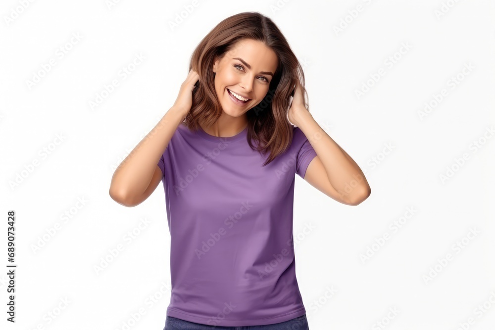Woman In Purple Tshirt On White Background, Mockup Woman In Purple Tshirt On White Background, Mockup