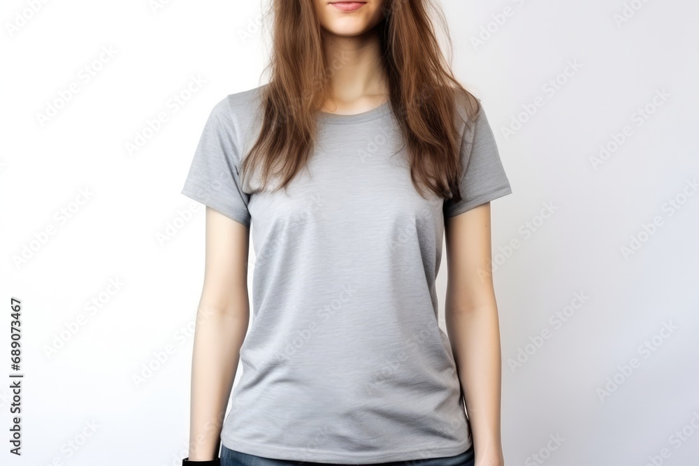 Woman In Silver Tshirt On White Background, Mockup Woman In Silver Tshirt On White Background, Mockup