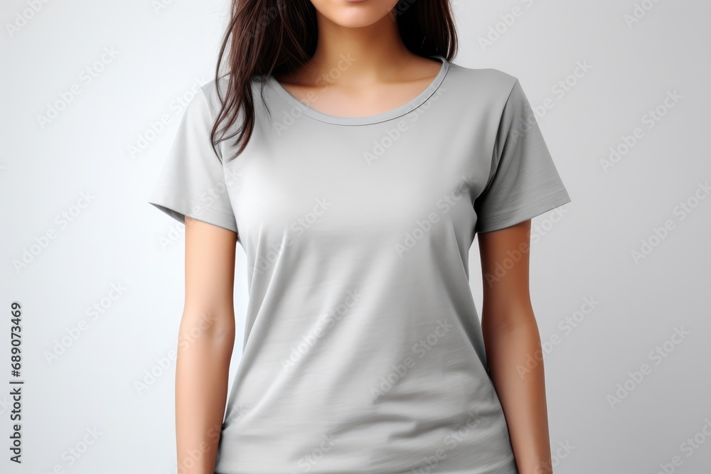 Woman In Silver Tshirt On White Background, Mockup Woman In Silver Tshirt On White Background, Mockup