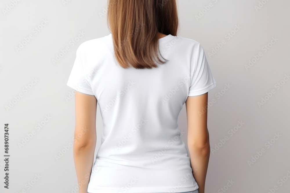 Woman In White Tshirt On White Background, Back View, Mockup Woman In White Tshirt On White Background, Back View, Mockup
