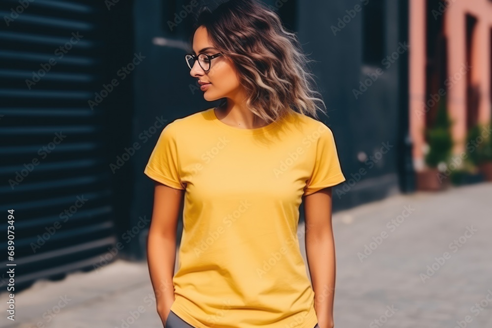Woman In Yellow Tshirt On The Street, Mockup Woman In Yellow Tshirt On The Street, Mockup