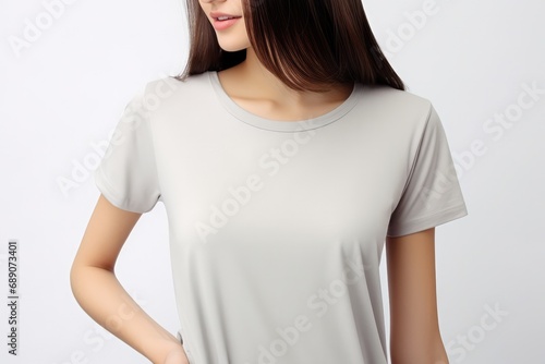 Woman In Light Gray Tshirt On White Background, Mockup