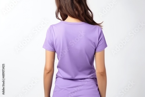 Woman In Purple Tshirt On White Background, Back View, Mockup
