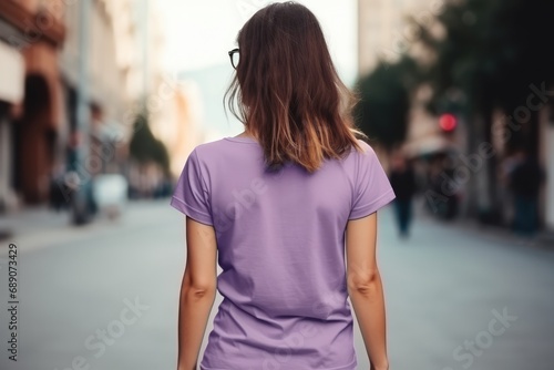 Woman In Purple Tshirt On The Street, Back View, Mockup