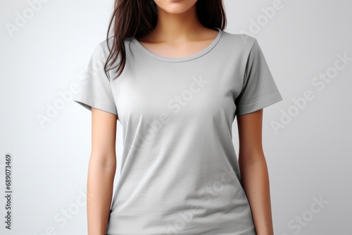 Woman In Silver Tshirt On White Background, Mockup