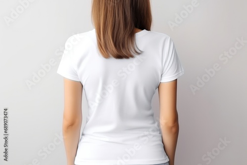 Woman In White Tshirt On White Background, Back View, Mockup
