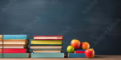 Books Stacked on School Table with Blackboard Background Back to school - apple and books with blackboard on the background Ai Generative photo