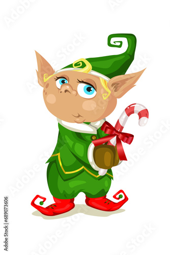 Vector Christmas elf with candy on white background. Beautiful charater for your christmas projects.