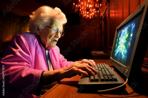 Skillful Grandma plays computer game. Happy character. Fictional person. Generate Ai