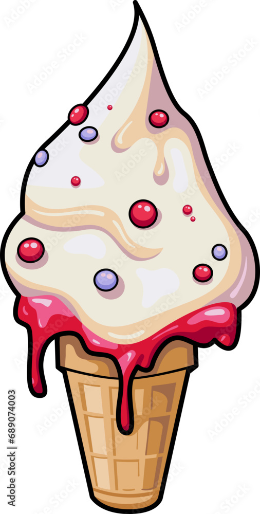 Sweet ice cream melting balls in the waffle cone isolated on background. Vector flat outline icon Sweet ice cream melting balls in the waffle cone isolated on background. Vector flat outline icon