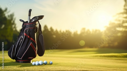 Golf equipment and golf bag , putter, ball on green at golf course photo