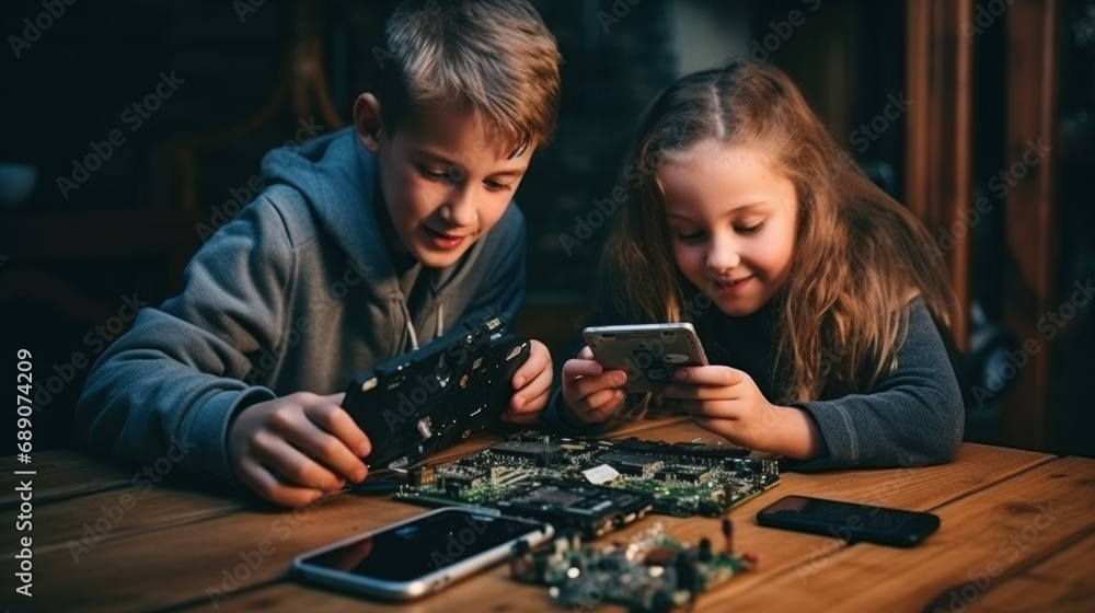 Fototapeta premium Kids repair broken smartphone or electronics circuits at home. STEM interests, repair skills, and sustainable mindsets, by teaching children how to fix broken electronic gadgets