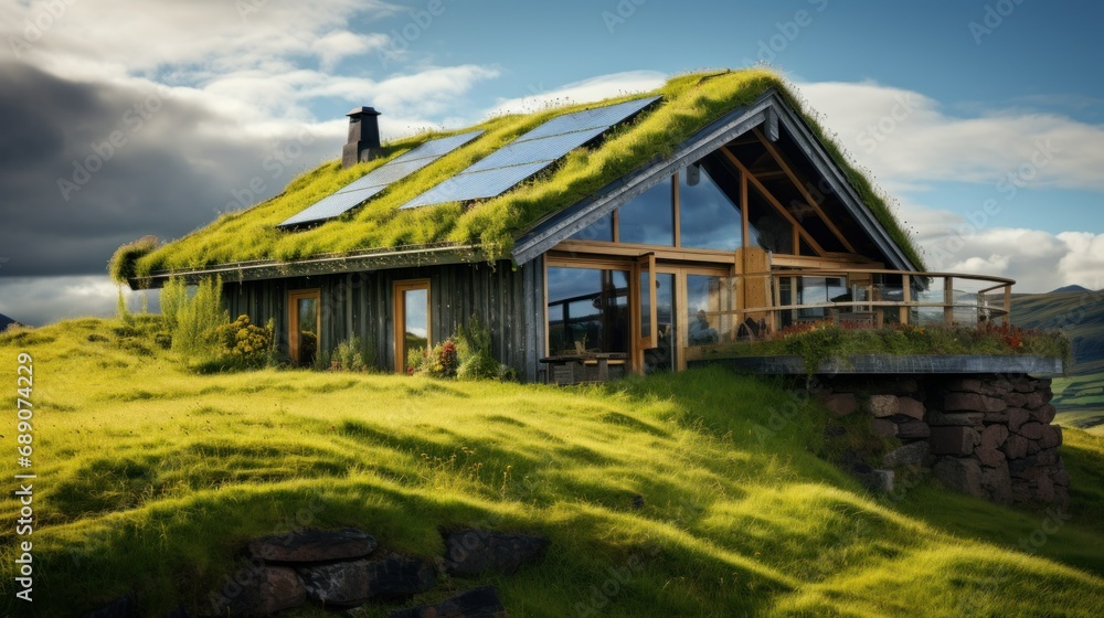 Eco-Friendly House with Green Roof and Solar Panels. An eco-friendly wooden house cottage featuring a lush green roof and solar panels set in a serene natural landscape Eco-Friendly House with Green Roof and Solar Panels. An eco-friendly wooden house cottage featuring a lush green roof and solar panels set in a serene natural landscape